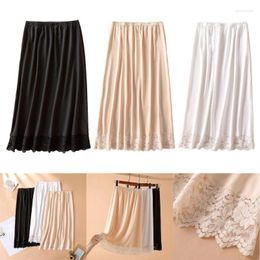 Skirts Women Lace Trim Half Slip Long Underskirt Elastic Waist Solid Colour Petticoat Basic A Line Skirt For Under Dresses