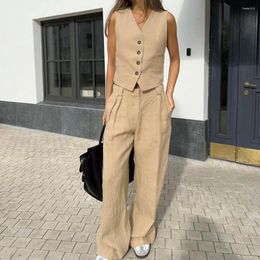 Women's Two Piece Pants Women Two-piece Suit Sleeveless V-neck Vest Straight Trousers Set With Elastic Waist Side Pockets Casual For Daily