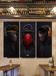 3 Panels Funny Thinking Monkey with Headphone Wall Art Canvas Oil Painting Animal Posters Prints Wall Pictures for Living Room Dec4194192