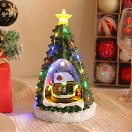 Decorative Figurines Glowing Mini Christmas Tree Shape Music Box Luminous Night Light Rotating Train Resin Craft Home Ornaments