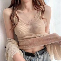 Women's Tanks Sexy Lace Base Tops Fashion Thermal Underwear Vest Velvet Lingerie Woman Winter Clothing Warm Top Inner Wear Shirt Undershirt