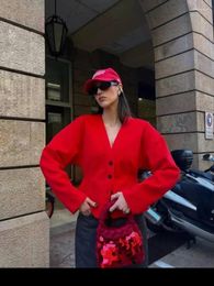 Women's Jackets Red V Neck Slim Short Jacket For Women Long Sleeves Single Breasted Cropped Coat 2024 Spring Fashion Female High Street