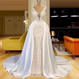 Luxury Mermaid Wedding Dresses Women Sheer V-neck Lace Appliques Beads Bridal Gowns Sweep Train Arabic Dubai Vestidos De Novia