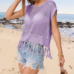 Hollowed Tasseled Crochet Knit Cover-ups Top For Vacation Beachwear Women's Short Sleeve Crew Neck Loose T-shirt Smocks