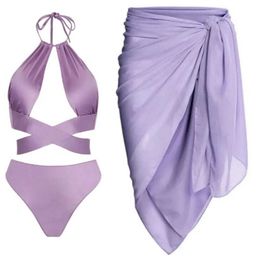Women's Swimwear Purple Cross Strap Halter Bikini Suit Sexy Cutout Backless Swimsuit Womens Chic Elegant Beachwear Push-Ups Pool Wear Fashion T240523