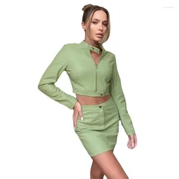 Work Dresses Autumn Light Green Crop Top Women Long Sleeve 2 Pieces Leather Sets Short Slim Zipper Jacket And Skirt Sexy Outfits Streetwear