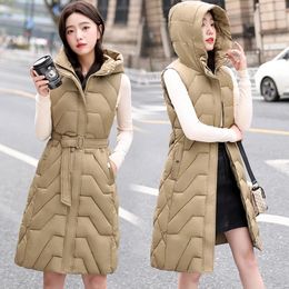 Women's Vests 2024 Sleeveless Jacket Women Casual Long Down Cotton Vest Winter Warm Waistcoat Fashion Windproof Hooded Parka Overcoat