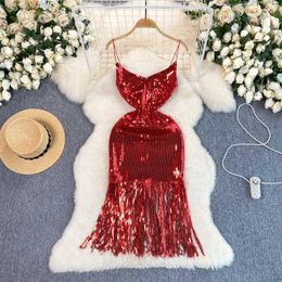 Basic Casual Dresses Sexy sequin Tassel slip dress fashionable retro evening party club womens fashion ultra-thin ceremony buttocks packaging dress J240523