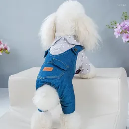 Dog Apparel Jeans Pet Cat Clothes Puppy Jumpsuit Jacket Thickened Winter Cold Proof Warm Denim Clothing Floral Splicing Overalls