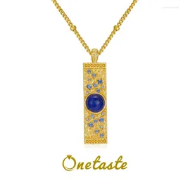 Pendants Natural Lapis Lazuli S925 Silver Gold Plating Rectangle Pendant Necklace Women Blue Stone Geometric Luxury Necklaces 2024
