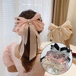 Hair Accessories Korean Big Ribbon Clip Ponytail Pearl Organza Bow Pins Long Temperament Fashion Accessory