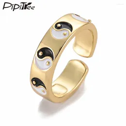 Cluster Rings Pipitree Round Oil Drip For Men Women Copper Gold Color Creative Taichi Design Ying Yang Adjustable Open Ring Couple Gift