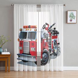 Curtain Cartoon Red Fire Truck White Sheer Curtains For Living Room Decoration Window Kitchen Tulle Voile Organza