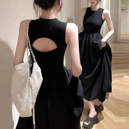 Casual Dresses Summer A Line Sleeveless Black Women French Style Elegant Long Dress Vintage Solid Backless Sexy Vestidos 28138
