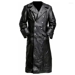 Men's Jackets Male Vintage Long Leather Jacket Autumn Winter Mediaeval Pure Black Silver Colour Outerwear Charming Windproof Clothing