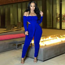 Women's Two Piece Pants Fall Spring Sexy Outfits Solid Colour Long Sleeve Off Shoulder Ruched Crop Tops And Skinny Pant Sets