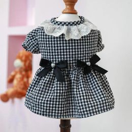 Dog Apparel Pet Dress Round Neck Washable Dress-up Cat Black White Plaid Bowknot Daily Wear