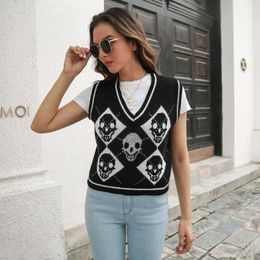 Women's Tanks Y2K Halloween Cool Skull Diamond Tank Top Sweater Vest Autumn Winter Warm Pullover V-neck Knit Style Female