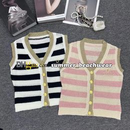 Sleeveless V Neck Knit Vest Women Embroidered Logo Knitted Vest Summer Casual Breathable Knitted Cardigan Striped Knitted Tanks Tees