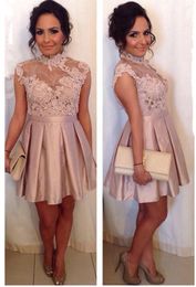 New High Neck Pink Short Homecoming Dresses A Line Cap Sleeves Keyhole Backless Lace Cocktail Dresses Appliqued Prom Graduation Gowns DH0002