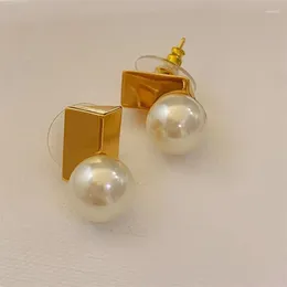 Stud Earrings French Geometric Modeling Brass Pearl Metal For Women Jewelry Gift Femme Cold Fashion Women's