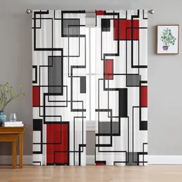 Curtain Abstract Geometry Squares Modern Art Black Red Sheer Curtains For Living Room Decor Window Kitchen Tulle Voile