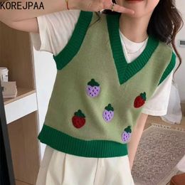 Women's Vests Korejpaa Strawberry Embroidered Knitted Vest For Women 2024 Autumn V-neck Sweet Waistcoat Contrast Sleeveless Sweater Tank Top