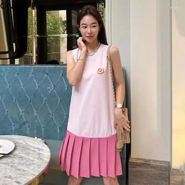 Casual Dresses Onalippa Contrast Patchwork Pleated Midi Dress Straight Sleeveless Sweet French Style Chic Design Loose Pullover Women