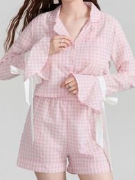 Home Clothing 2024 Fashion Women Plaid Pajama Set Long Sleeve Tie-up Button Closure Shirt With Shorts Sleepwear Loungewear