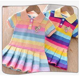 Girls' summer dress Animal embroidery students Korean version children's polo shirt Colour red striped short-sleeved skirt baby trend dress