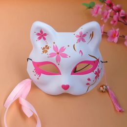 Pink Cherry Blossoms Fox Masks Anime Cosplay Japanese Half Face Cat Mask Masquerade Festival Kabuki Kitsune Masks Party Props