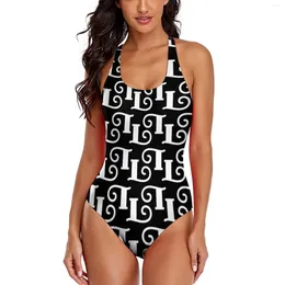 Women's Swimwear White Abstract Letters Swimsuit Word Print One Piece Push Up Fitness Monokini Cross Back Swimsuits Women Beach Outfits