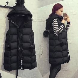 QNPQYX Autumn Winter Women Long Parkas Vest Warm Black Zipper Hooded Down Coat Parka Ladies Sleeveless Waistcoat Jacket Outwear