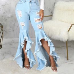 Women's Jeans Sexy Ripped Fringe Hollow Out Ruffle Water Wash Flare Denim Pants High Waist Bodycon Hole Women Trousers Club Outfits