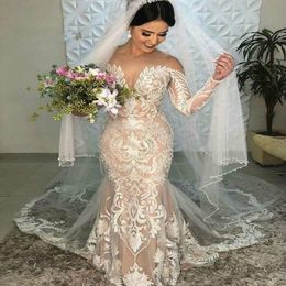 Champagne Wedding Dresses Boho Elegant Lace Mermaid Wedding Dress Illusion Neck Long Sleeves Country Garden Bridal Gowns 234A