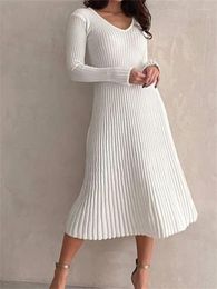 Casual Dresses CHRONSTYLE Knitted Ribbed Spring Autumn Mid Dress For Women Long Sleeve Slim Fit Solid Party Female Vestidos Clubwear 2024