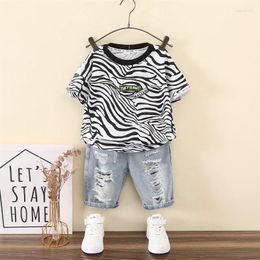 Clothing Sets Boys Summer Short-sleeved 2024 Korean Thin Fashion Handsome Striped Top Ripped Knee Length Jeans Suits Children Clothes