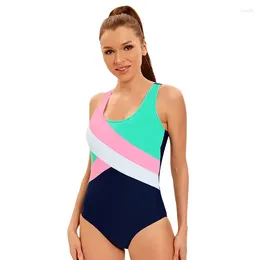 Women's Swimwear Contrast Colour Patchwork One Piece Swimsuit For Women 2024 Conservative Sports Bikini Summer Hollow Out Backless Monikini