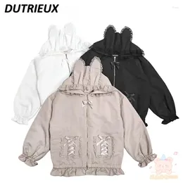 Women's Jackets Autumn And Winter Quilted Ears Hooded Coat Lace Bow Mine Mass-Produced Sweet Cute Zipper Short Jacket For Women