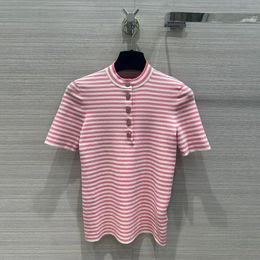 Summer Fashion Pink Stripes Knitted Women Tops Oneck Short Sleeve Gold Buttons Sweet Slim Fit Tshirt 240518