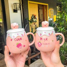 Mugs Cute Piggy Ceramic Mug 500ml Milk Coffee Tea Cup With Spoon And Lid Japanese Cartoon For Birthday Lovers Gifts