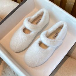 Casual Shoes Fur Mary Janes Woman Round Toe Ankle Strap Furry Loafers 34-43 Big Size Warm Plush Winter Female Cotton Flats