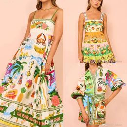 Abito designer donne abiti di lino stampati per donna elegante 2024 Nuova estate primavera versatile midi maxi spiaggia abiti