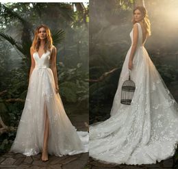 Split Sexy Side Dresses A Line Lace Appliqued V Neck Bridal Gown Boho Backless Wedding Dress Robes De Marie Appliqued