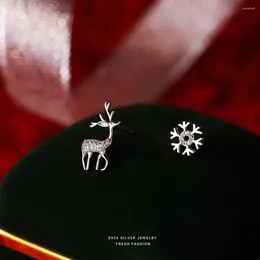 Stud Earrings S925 Sterling Silver Little Snow Deer For Women Fresh Winter Versatile Asymmetrical Christmas Jewelry Gift