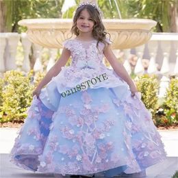 Blue Flower Girl Dresses Short Sleeves Party Dress Tulle Appliques Beading Kids Birthday Princess Dresses Vestidos De Novia 240515