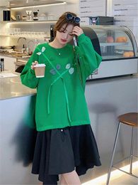 Casual Dresses Pullover Hoodie Dress For Women 2024 Autumn Bow Ribbon Spliced Long Sleeve O-neck Loose Elegant Korean S606