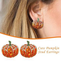 Stud Earrings Halloween Orange Enamel Pumpkin Rhinestone Studs Party Favors Gifts Cute For Women Girls