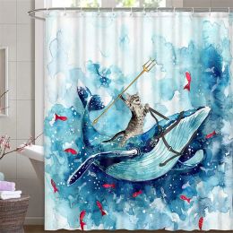 Funny Pirate Cat Shower Curtain Liner Cool Cat Riding Shark Whale In Universe Galaxy Hilarious Fabric Shower Curtain Waterproof
