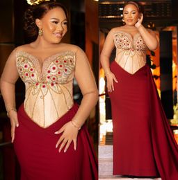 2024 Aso Ebi Burgundy Mermaid Prom Dress Crystals Beaded Satin Evening Formal Party Second Reception 50th Birthday Engagement Thanksgiving Gowns Dresses ZJ118